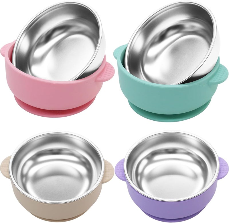 JVEOO 4 Pack Stainless Steel Baby Bowls with Suction, 2-in-1 SUS304 Toddlers Bowl & Removable Silicone Suction Kids Bowl Anti Scald Non Toxic Snack Container for Baby Food Feeding - Image 1